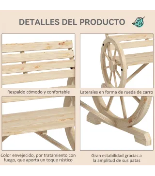Banco de Jardín de Madera con Reposabrazos en Forma de Rueda para 2 Personas 105,5x56x79 cm Madera Natural