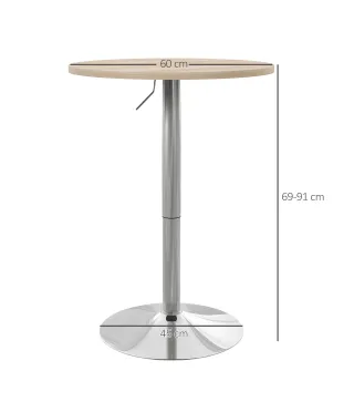 Mesa Alta Cocina Mesa Alta Bar Redonda para 2 Personas Altura Ajustable Tablero Giratorio 360° 60x60x91 cm Roble Claro
