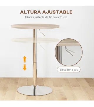 Mesa Alta Cocina Mesa Alta Bar Redonda para 2 Personas Altura Ajustable Tablero Giratorio 360° 60x60x91 cm Roble Claro