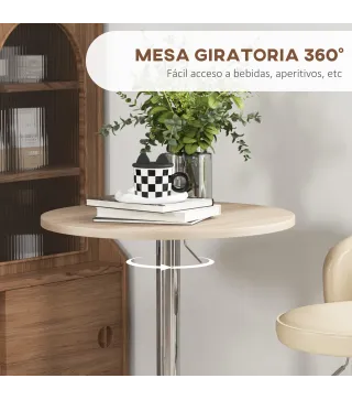 Mesa Alta Cocina Mesa Alta Bar Redonda para 2 Personas Altura Ajustable Tablero Giratorio 360° 60x60x91 cm Roble Claro