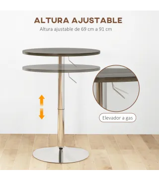 Mesa Alta Cocina Mesa Alta Bar Redonda para 2 Personas Altura Ajustable Tablero Giratorio 360° 60x60x91 cm Nogal
