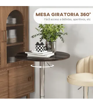 Mesa Alta Cocina Mesa Alta Bar Redonda para 2 Personas Altura Ajustable Tablero Giratorio 360° 60x60x91 cm Nogal