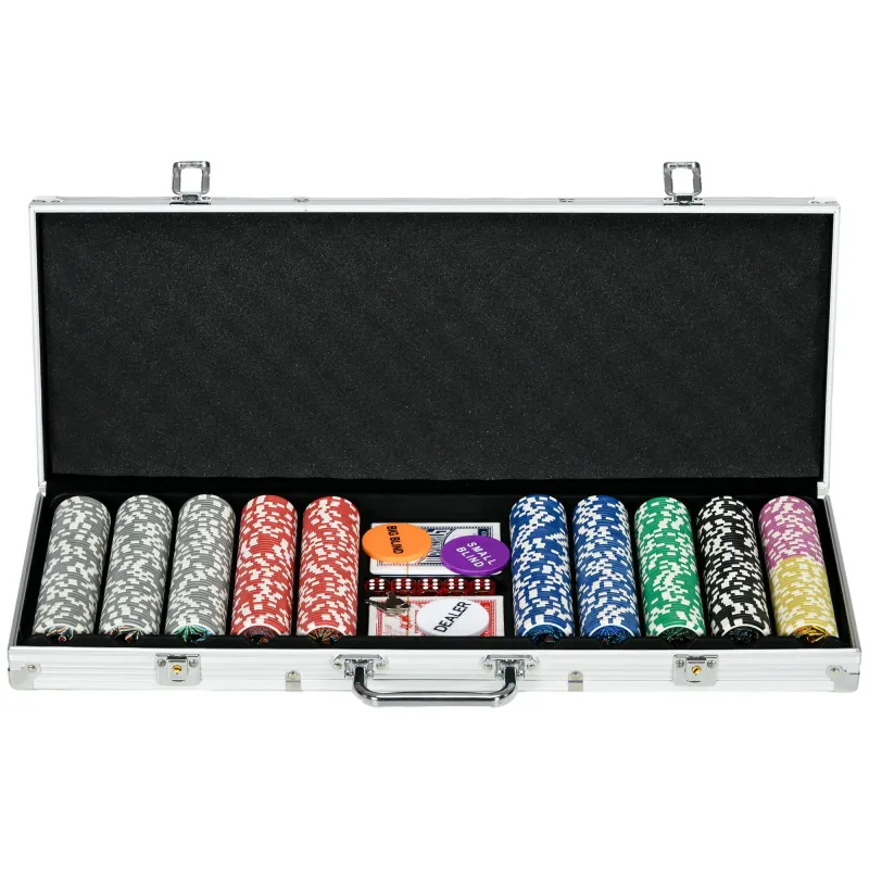 Set de Póker con 500 Fichas 2 Barajas de Cartas Dados Tapete y Botón de Crupier Set de Casino Texas Hold'em con Maletín