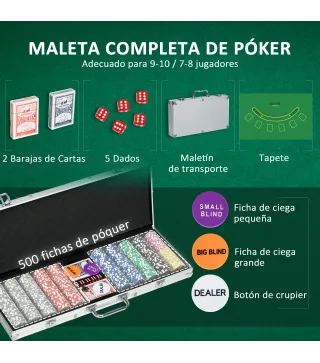Set de Póker con 500 Fichas 2 Barajas de Cartas Dados Tapete y Botón de Crupier Set de Casino Texas Hold'em con Maletín