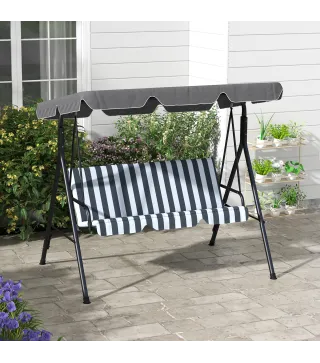 Balancín de Jardín Exterior Columpio de 3 Plazas con Toldo Ajustable y Marco de Acero 172x110x153 cm Gris y Blanco