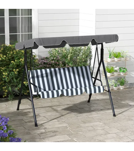 Balancín de Jardín Exterior Columpio de 3 Plazas con Toldo Ajustable y Marco de Acero 172x110x153 cm Gris y Blanco