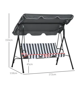 Balancín de Jardín Exterior Columpio de 3 Plazas con Toldo Ajustable y Marco de Acero 172x110x153 cm Gris y Blanco