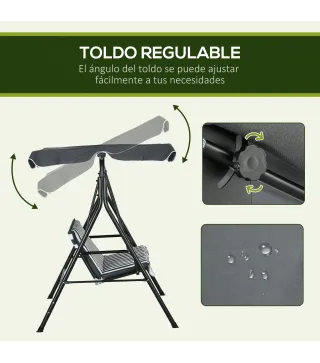 Balancín de Jardín Exterior Columpio de 3 Plazas con Toldo Ajustable y Marco de Acero 172x110x153 cm Gris y Blanco