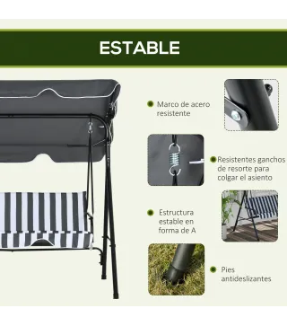 Balancín de Jardín Exterior Columpio de 3 Plazas con Toldo Ajustable y Marco de Acero 172x110x153 cm Gris y Blanco