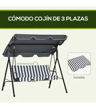 Balancín de Jardín Exterior Columpio de 3 Plazas con Toldo Ajustable y Marco de Acero 172x110x153 cm Gris y Blanco