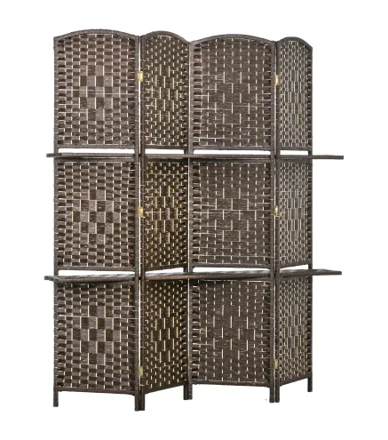 Biombo Separador de Ambientes 4 Paneles 160x170 cm con 2 Estantes de Exhibición Pantalla de Privacidad Plegable Marrón