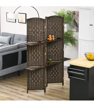 Biombo Separador de Ambientes 4 Paneles 160x170 cm con 2 Estantes de Exhibición Pantalla de Privacidad Plegable Marrón