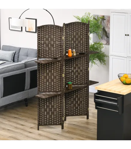 Biombo Separador de Ambientes 4 Paneles 160x170 cm con 2 Estantes de Exhibición Pantalla de Privacidad Plegable Marrón