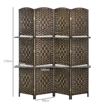 Biombo Separador de Ambientes 4 Paneles 160x170 cm con 2 Estantes de Exhibición Pantalla de Privacidad Plegable Marrón