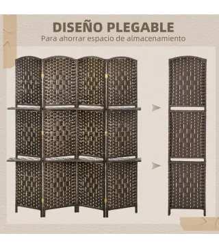 Biombo Separador de Ambientes 4 Paneles 160x170 cm con 2 Estantes de Exhibición Pantalla de Privacidad Plegable Marrón