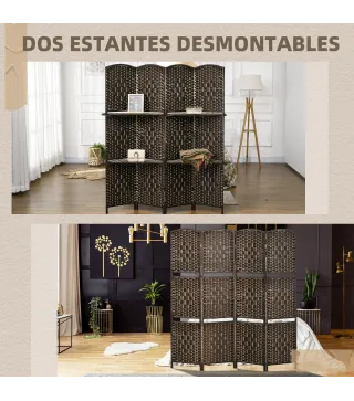 Biombo Separador de Ambientes 4 Paneles 160x170 cm con 2 Estantes de Exhibición Pantalla de Privacidad Plegable Marrón