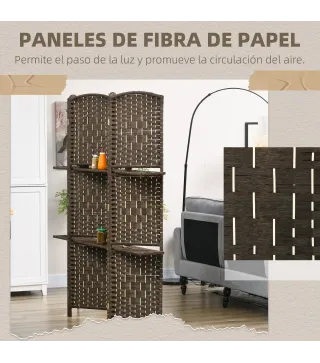 Biombo Separador de Ambientes 4 Paneles 160x170 cm con 2 Estantes de Exhibición Pantalla de Privacidad Plegable Marrón