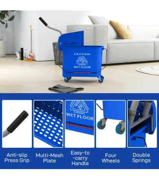 Cubo de Fregona con Ruedas 20 L Cubo de Fregar con Escurridor y Asa de Transporte para Doméstico y Comercial Azul