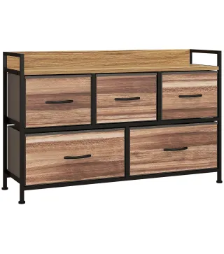 Cajonera de Tela con 5 Cajones y Marco Metálico Estilo Industrial para Salón Recibidor 98x29x63 cm Roble
