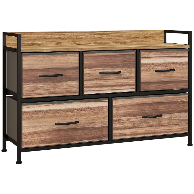 Cajonera de Tela con 5 Cajones y Marco Metálico Estilo Industrial para Salón Recibidor 98x29x63 cm Roble