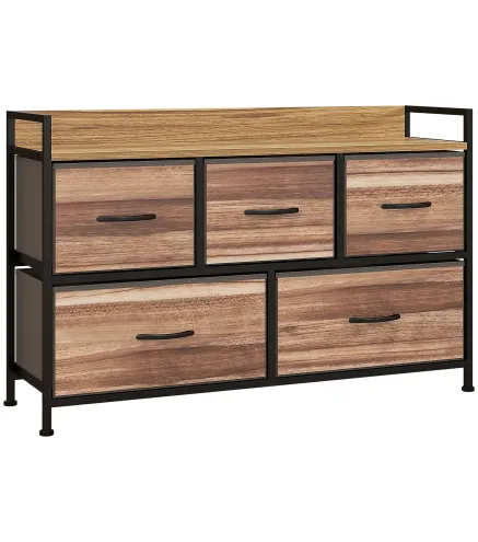 Cajonera de Tela con 5 Cajones y Marco Metálico Estilo Industrial para Salón Recibidor 98x29x63 cm Roble