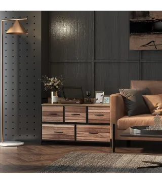 Cajonera de Tela con 5 Cajones y Marco Metálico Estilo Industrial para Salón Recibidor 98x29x63 cm Roble