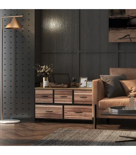 Cajonera de Tela con 5 Cajones y Marco Metálico Estilo Industrial para Salón Recibidor 98x29x63 cm Roble