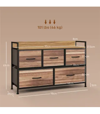 Cajonera de Tela con 5 Cajones y Marco Metálico Estilo Industrial para Salón Recibidor 98x29x63 cm Roble