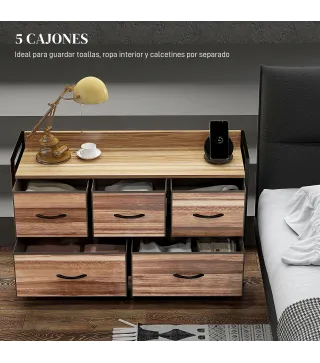 Cajonera de Tela con 5 Cajones y Marco Metálico Estilo Industrial para Salón Recibidor 98x29x63 cm Roble