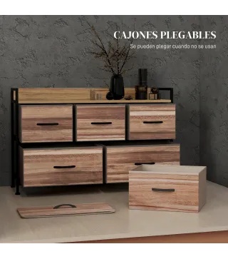 Cajonera de Tela con 5 Cajones y Marco Metálico Estilo Industrial para Salón Recibidor 98x29x63 cm Roble