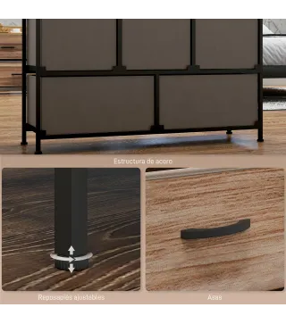 Cajonera de Tela con 5 Cajones y Marco Metálico Estilo Industrial para Salón Recibidor 98x29x63 cm Roble