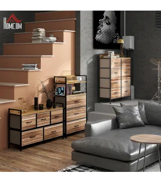 Cajonera de Tela con 5 Cajones y Marco Metálico Estilo Industrial para Salón Recibidor 98x29x63 cm Roble