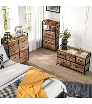 Cajonera de Tela con 5 Cajones y Marco Metálico Estilo Industrial para Salón Recibidor 98x29x63 cm Roble