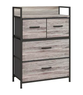 Cómoda con 4 Cajones de Tela Plegables Industrial Estante Abierto Marco de Acero Cajonera para Espacios Pequeños Gris