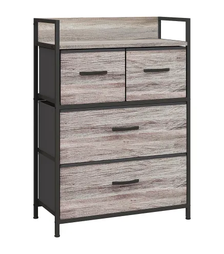 Cómoda con 4 Cajones de Tela Plegables Industrial Estante Abierto Marco de Acero Cajonera para Espacios Pequeños Gris