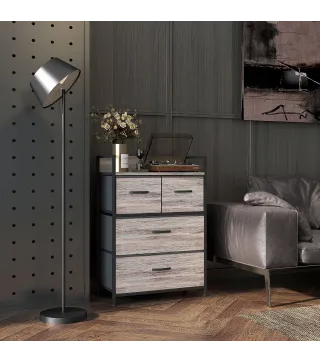 Cómoda con 4 Cajones de Tela Plegables Industrial Estante Abierto Marco de Acero Cajonera para Espacios Pequeños Gris