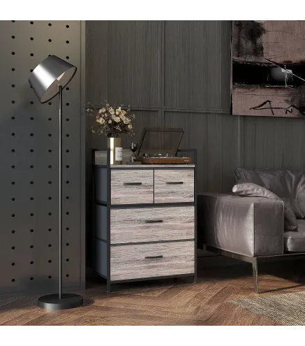 Cómoda con 4 Cajones de Tela Plegables Industrial Estante Abierto Marco de Acero Cajonera para Espacios Pequeños Gris
