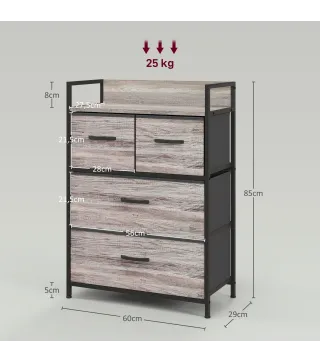 Cómoda con 4 Cajones de Tela Plegables Industrial Estante Abierto Marco de Acero Cajonera para Espacios Pequeños Gris