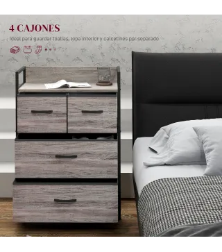 Cómoda con 4 Cajones de Tela Plegables Industrial Estante Abierto Marco de Acero Cajonera para Espacios Pequeños Gris