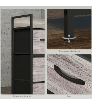 Cómoda con 4 Cajones de Tela Plegables Industrial Estante Abierto Marco de Acero Cajonera para Espacios Pequeños Gris