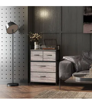 Cómoda con 4 Cajones de Tela Plegables Industrial Estante Abierto Marco de Acero Cajonera para Espacios Pequeños Gris