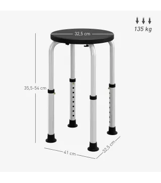 Taburete de Ducha de Aluminio con Altura Regulable Antideslizante Carga 135 kg para Ancianos y Discapacitados