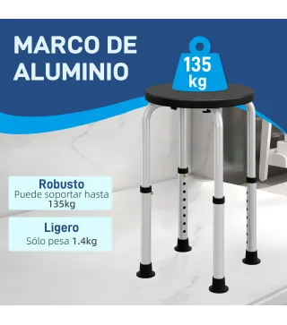 Taburete de Ducha de Aluminio con Altura Regulable Antideslizante Carga 135 kg para Ancianos y Discapacitados