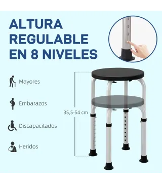 Taburete de Ducha de Aluminio con Altura Regulable Antideslizante Carga 135 kg para Ancianos y Discapacitados