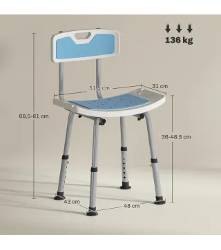 Silla Ducha Personas Mayores con Respaldo Altura Ajustable en 6 Posiciones Carga 136 kg para Ancianos y Discapacitados