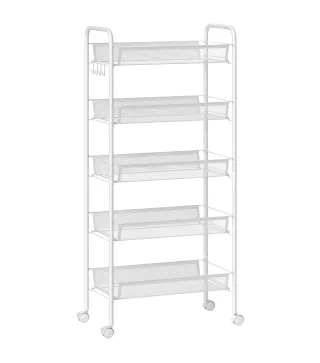 Carrito Auxiliar con Ruedas de 5 Niveles con Cestas de Malla Extraíbles y Marco de Acero 45x26,5x106 cm Blanco