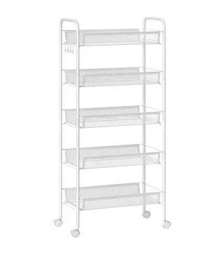 Carrito Auxiliar con Ruedas de 5 Niveles con Cestas de Malla Extraíbles y Marco de Acero 45x26,5x106 cm Blanco