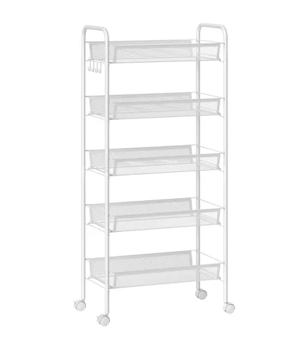 Carrito Auxiliar con Ruedas de 5 Niveles con Cestas de Malla Extraíbles y Marco de Acero 45x26,5x106 cm Blanco