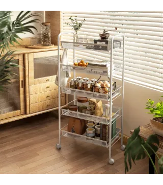 Carrito Auxiliar con Ruedas de 5 Niveles con Cestas de Malla Extraíbles y Marco de Acero 45x26,5x106 cm Blanco