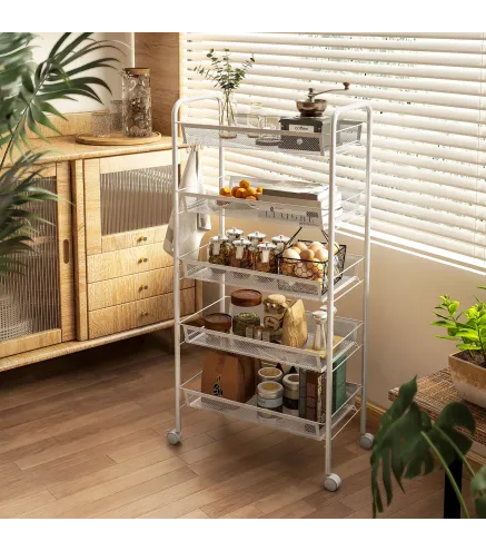 Carrito Auxiliar con Ruedas de 5 Niveles con Cestas de Malla Extraíbles y Marco de Acero 45x26,5x106 cm Blanco